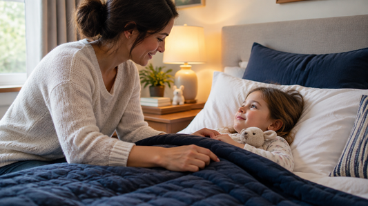 Parent tucking a child into a comfortable mattress in a cozy bedroom.